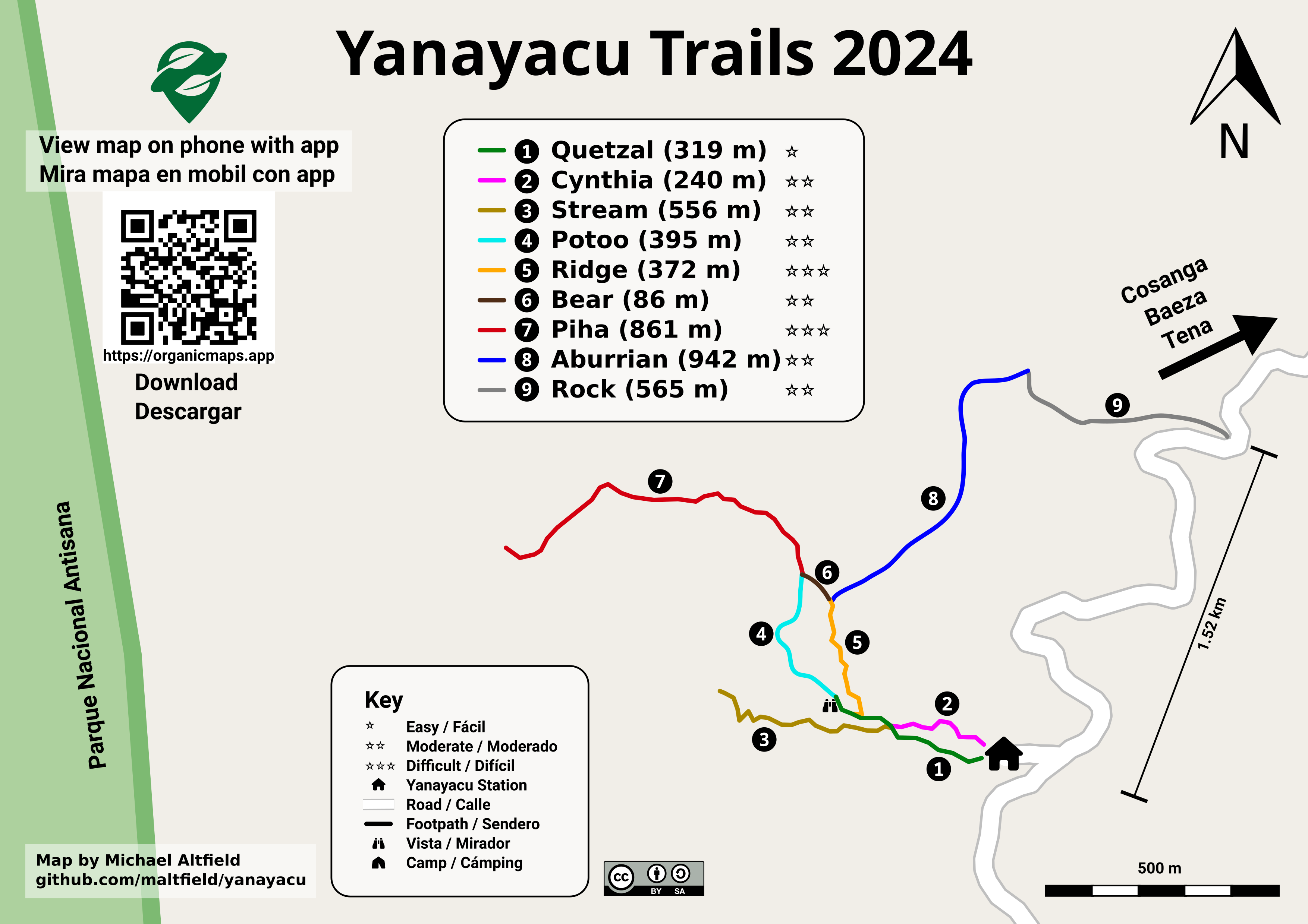 Image shows a \"trail guide\" map. The title reads \"Yanayacu Trails 2024\". The bottom-left has a small font that reads \"Map by Michael Altfield / github.com/maltfield/yanayacu\"