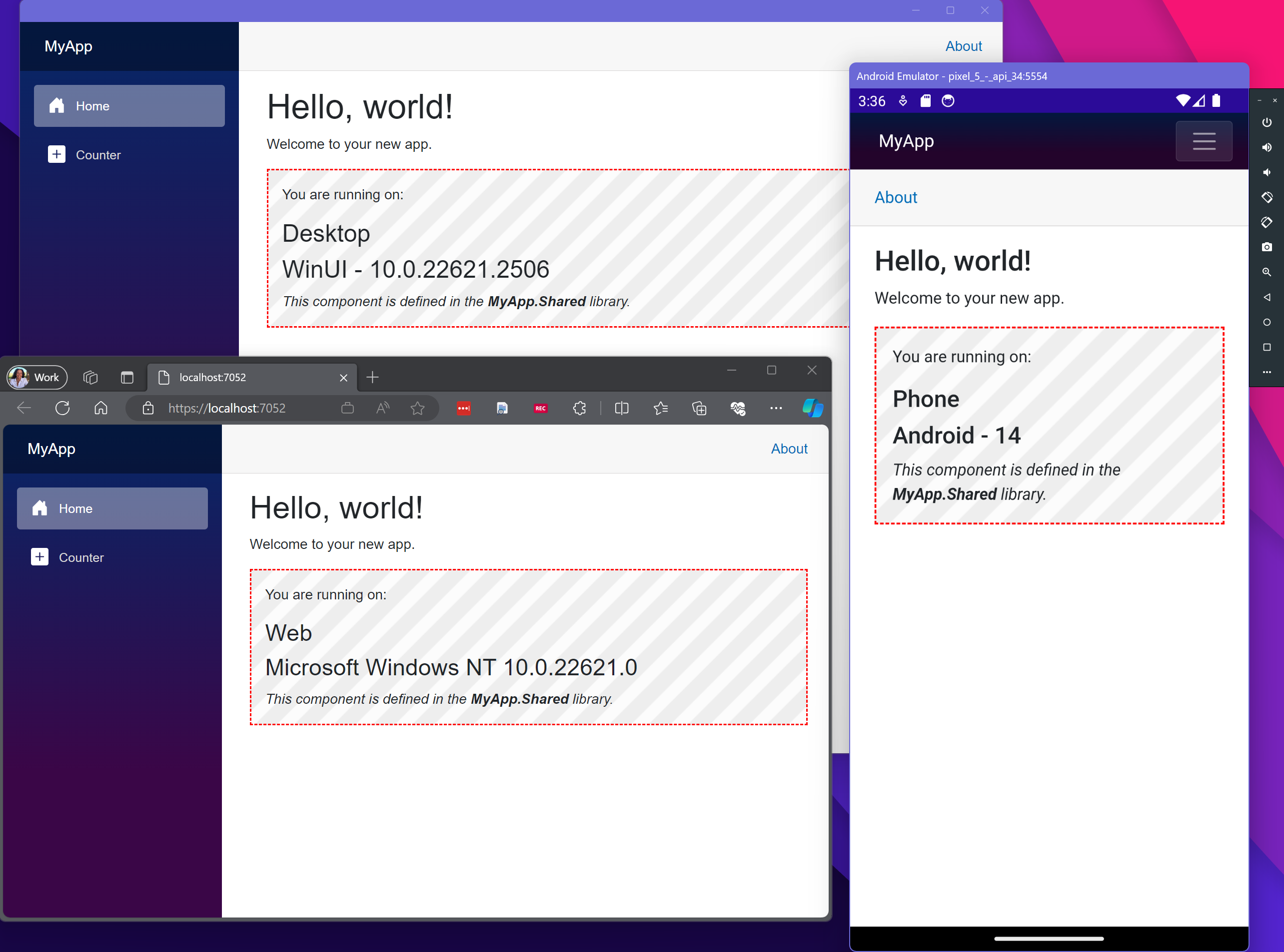 Apps running on Windows, Android, and Web with shared UI