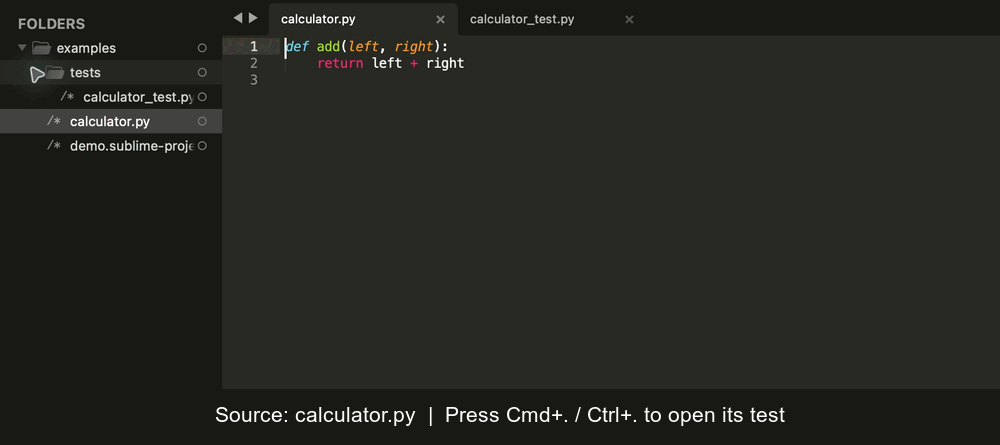 Switching from calculator.py to its automated test, then back