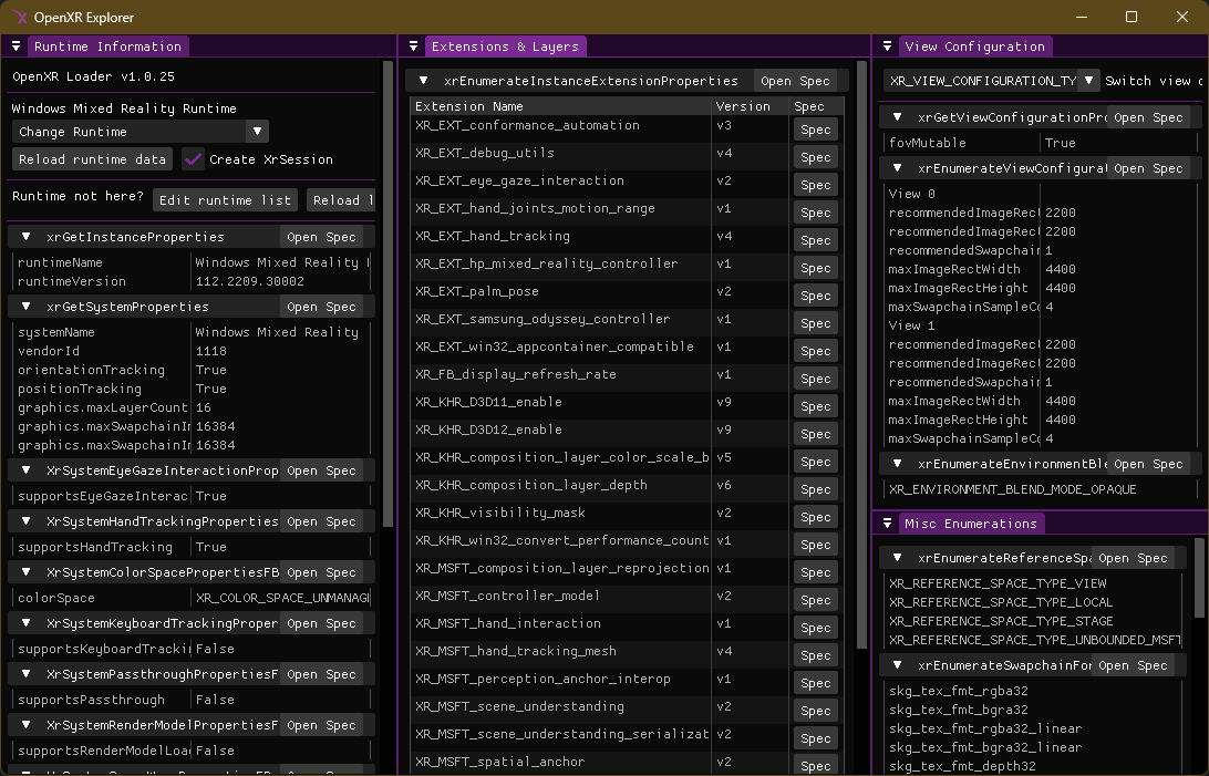 Screenshot of OpenXR Explorer