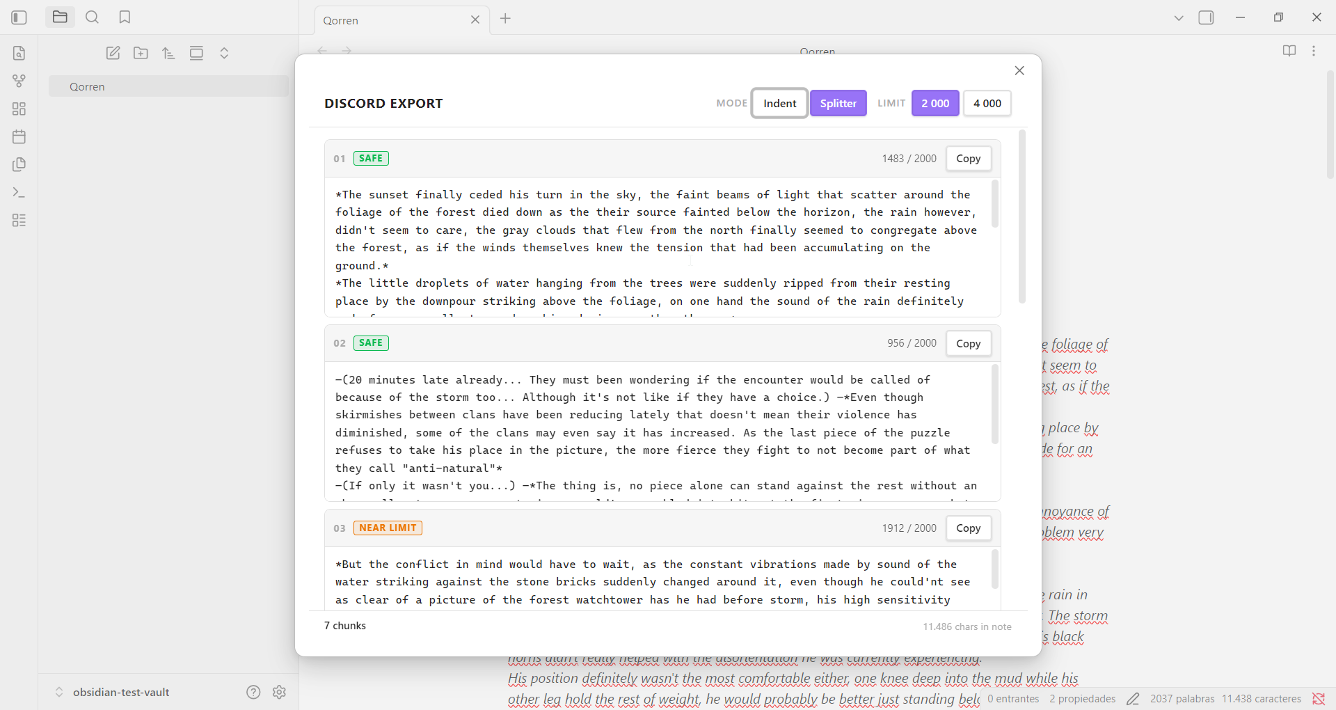 Discord Export modal — Indent mode