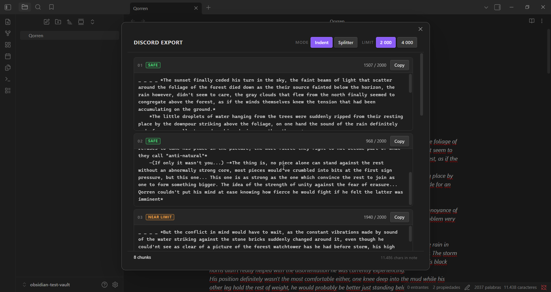 Discord Export modal — Splitter mode