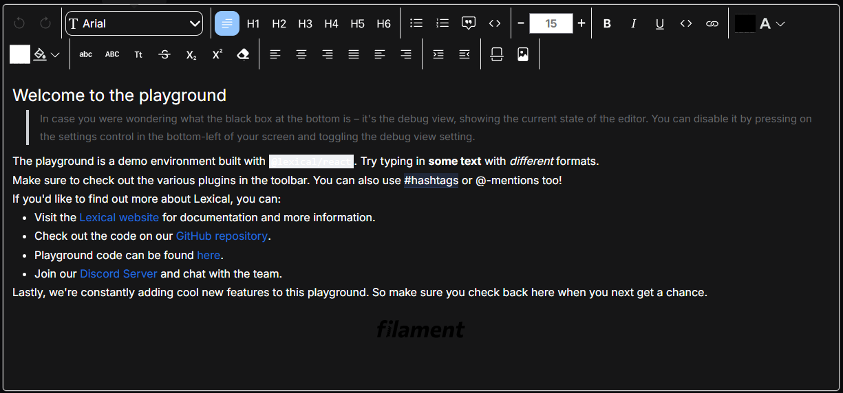 FilamentLexicalEditor Dark