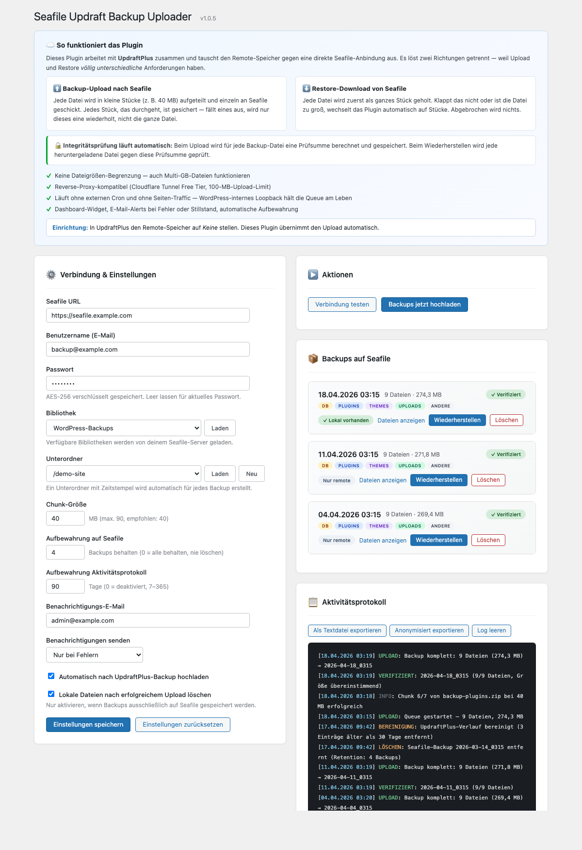 Einstellungen, Backup-Browser und Aktivitätsprotokoll