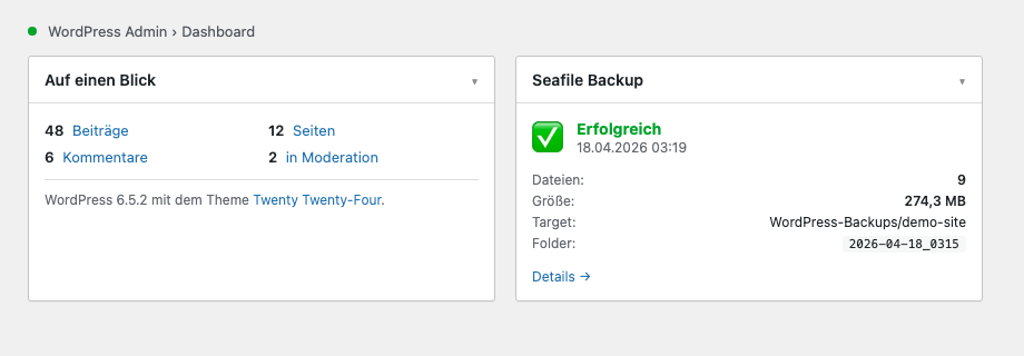 Dashboard-Widget mit letztem Backup-Status