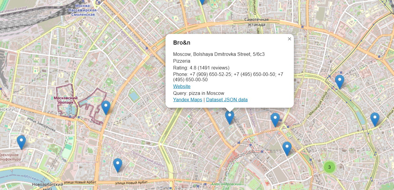 Yandex Maps results preview