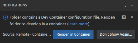 reopen the folder in a development container