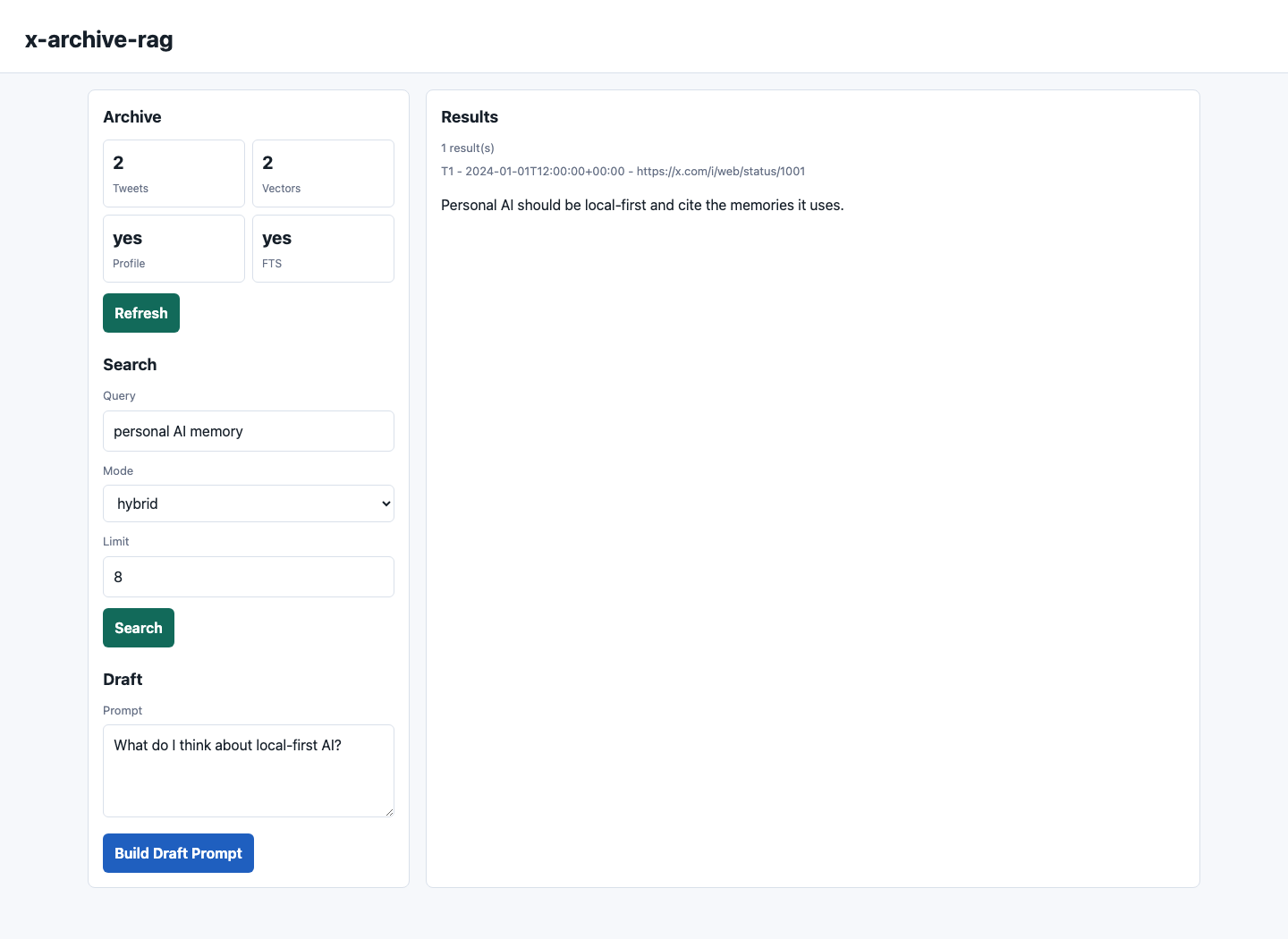 Local web UI showing archive stats, search, and draft prompt controls