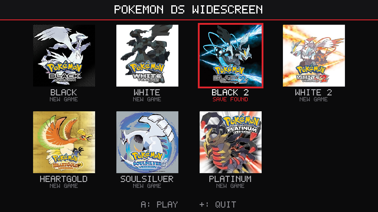 The Switch game list: Black, White, Black 2, White 2, HeartGold, SoulSilver and Platinum in a grid on black, Black 2 chosen in red with its save found