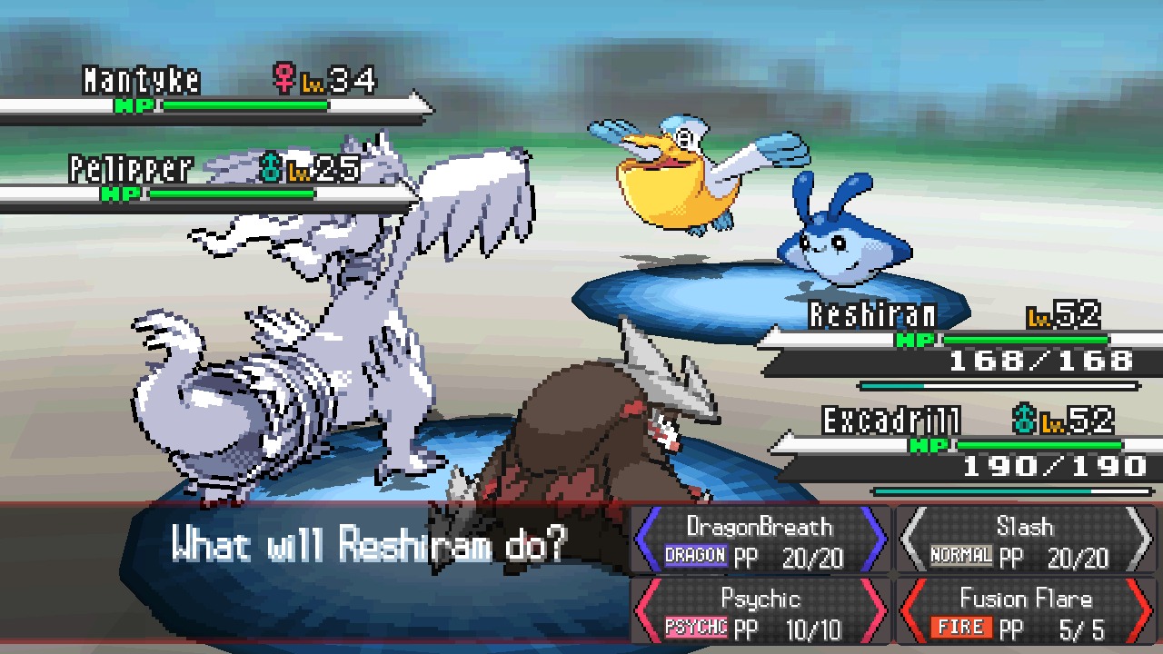Black: a double battle, Reshiram and Excadrill against a wild Pelipper and Mantyke, the HP boxes down the edges
