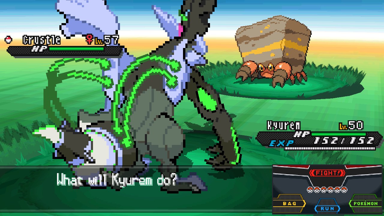Black 2: Black Kyurem against a wild Crustle, with the game's FIGHT, BAG, RUN and POKÉMON panel beside the battle