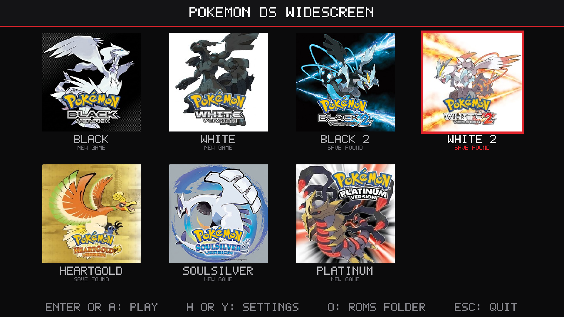 The PC game list: Black, White, Black 2, White 2, HeartGold, SoulSilver and Platinum in a grid on black, White 2 chosen in red with its save found