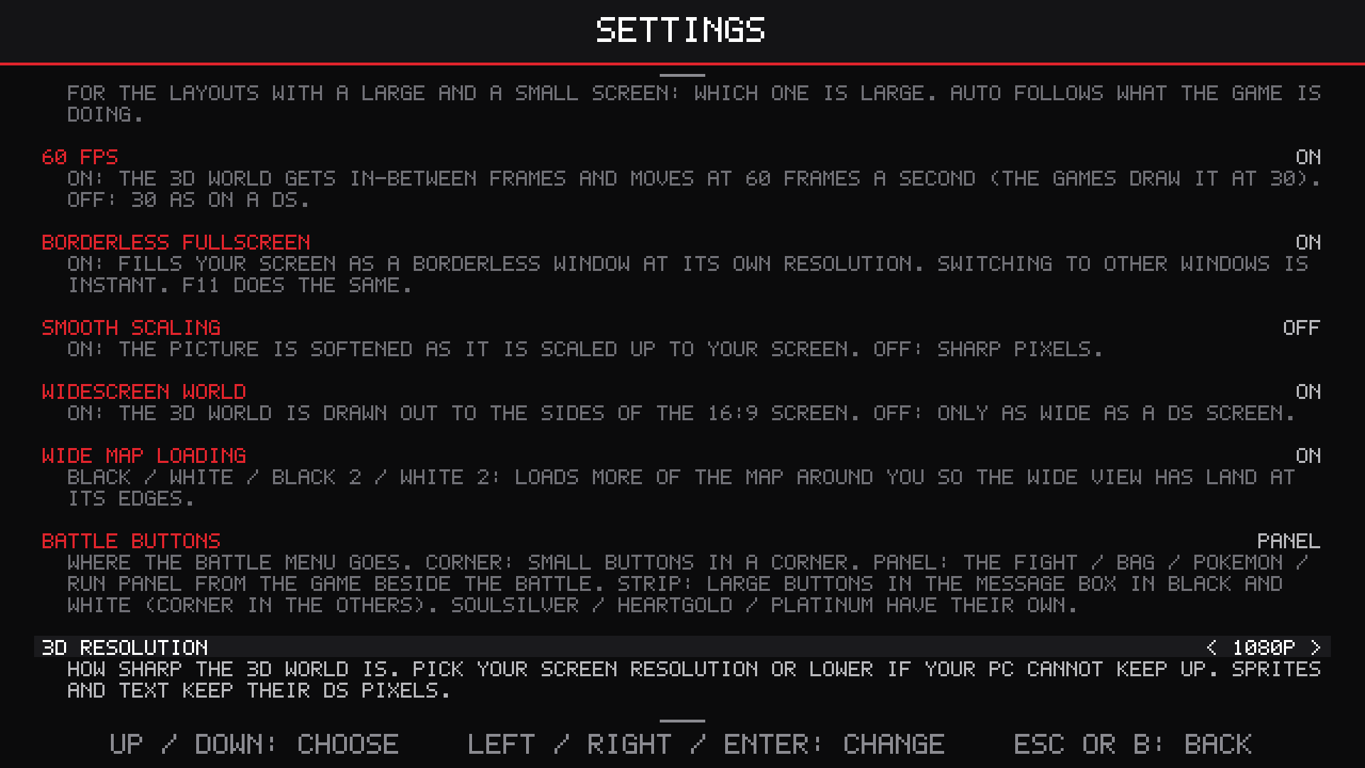 The settings page: each option with its value and what it does, 3D RESOLUTION chosen at 1080P