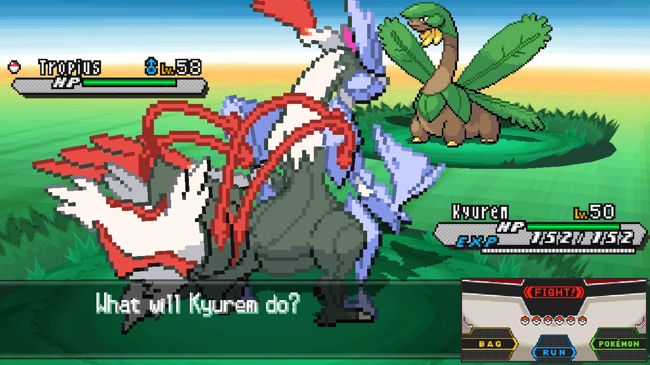 White 2: White Kyurem against a wild Tropius, with the FIGHT panel beside the battle
