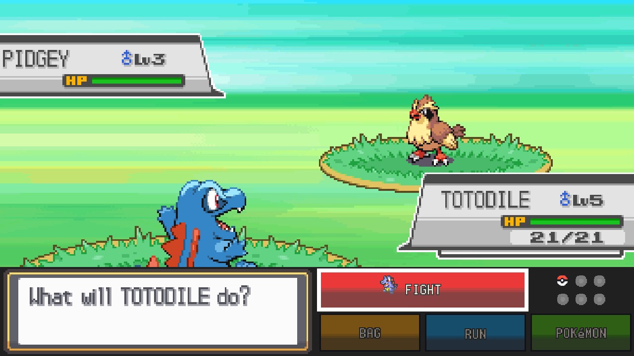 HeartGold: Totodile against a wild Pidgey on Route 29, with FIGHT, BAG, RUN, POKÉMON and the party beside the battle