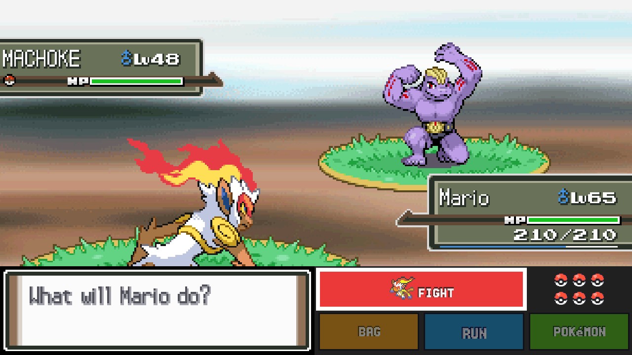 Platinum: Infernape against a wild Machoke, with FIGHT, BAG, RUN and POKÉMON beside the battle
