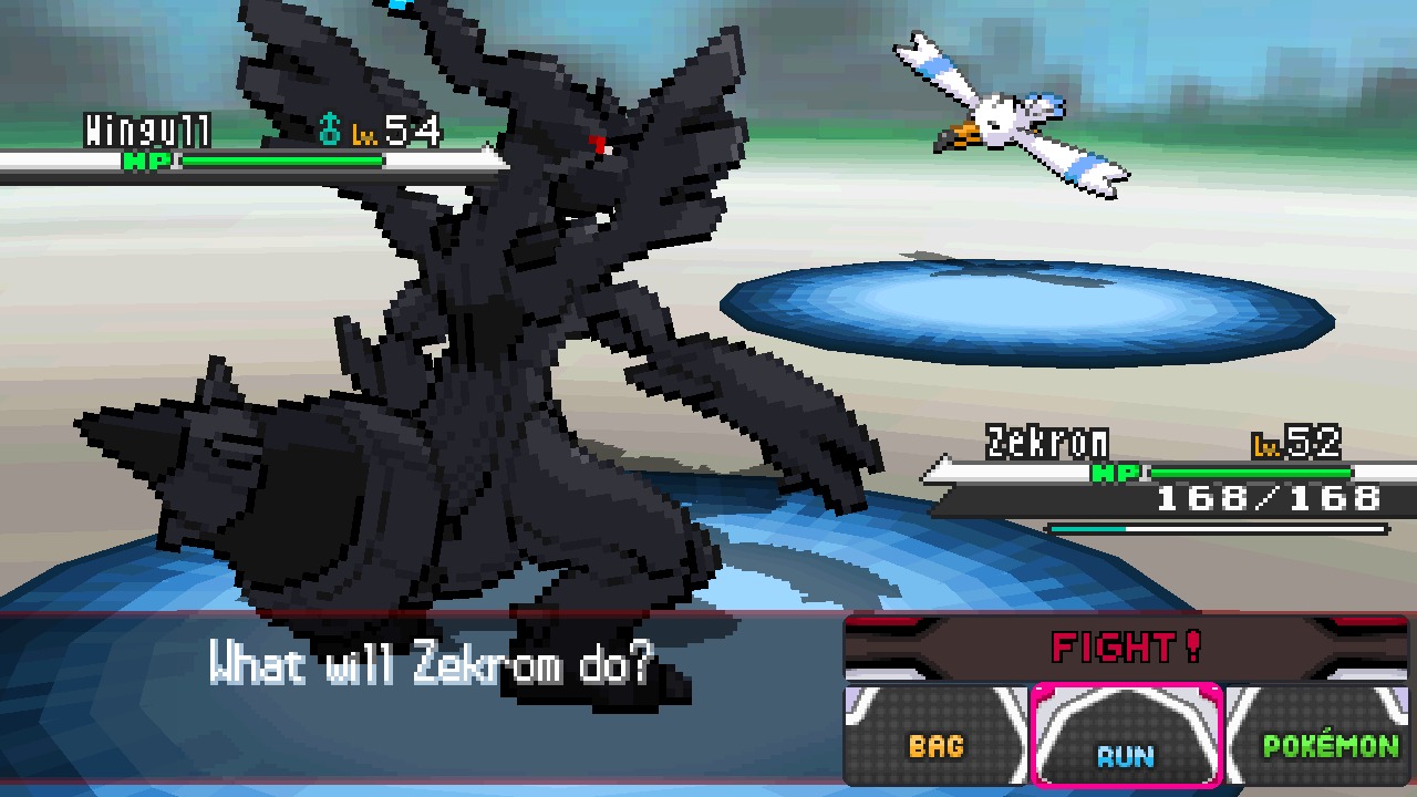 White: Zekrom in battle, with the FIGHT panel beside it