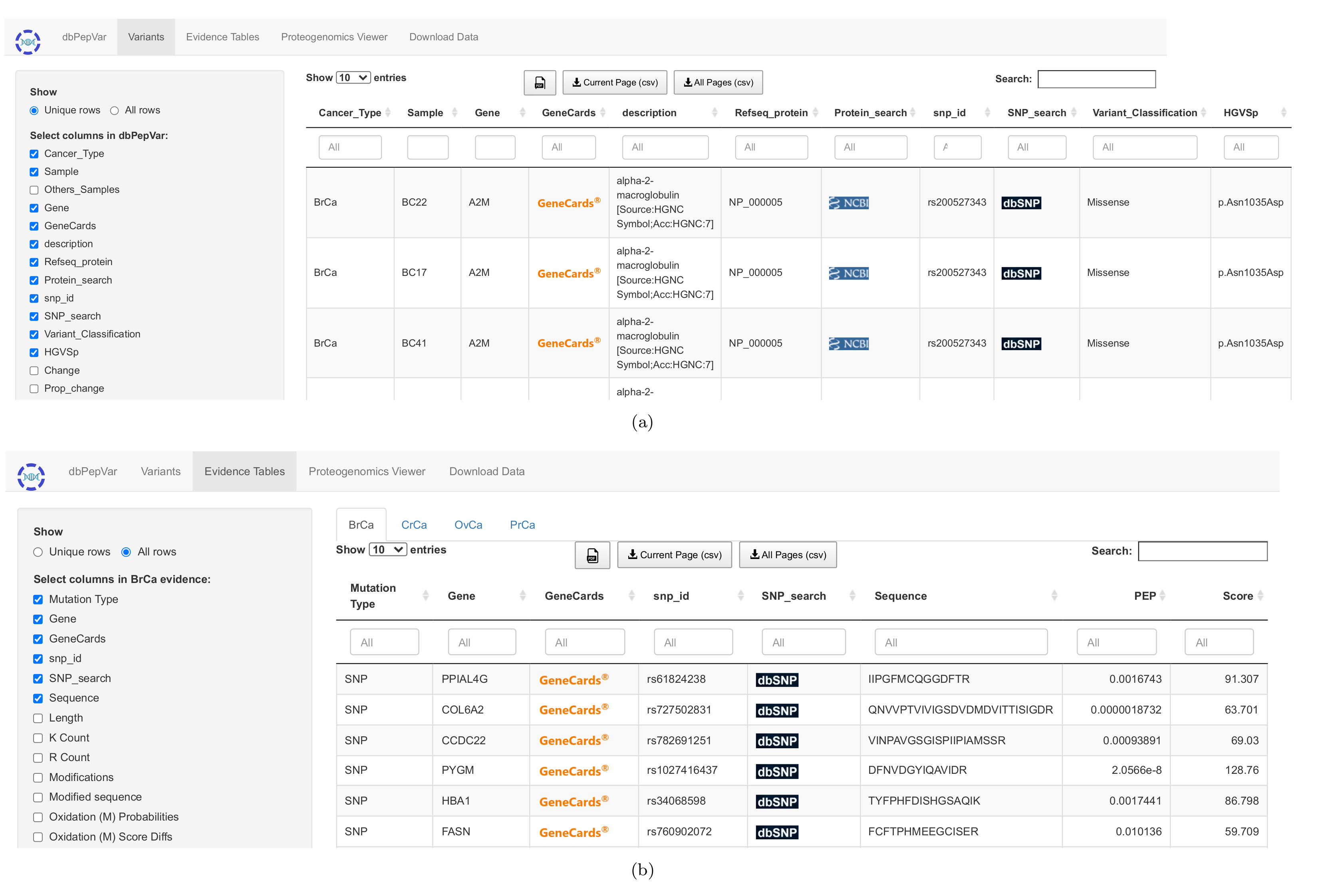 Figure 4. Variant and Evidence menus.