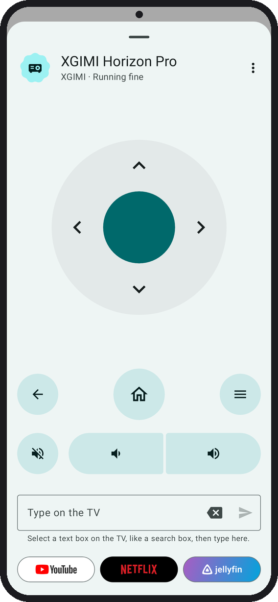 The Remote: Screen off and Restart under a menu in the top bar, a D-pad, icon keys for Back, Home, Menu, mute and volume, typing on the TV with a backspace key, and a dock of four TV apps along the bottom