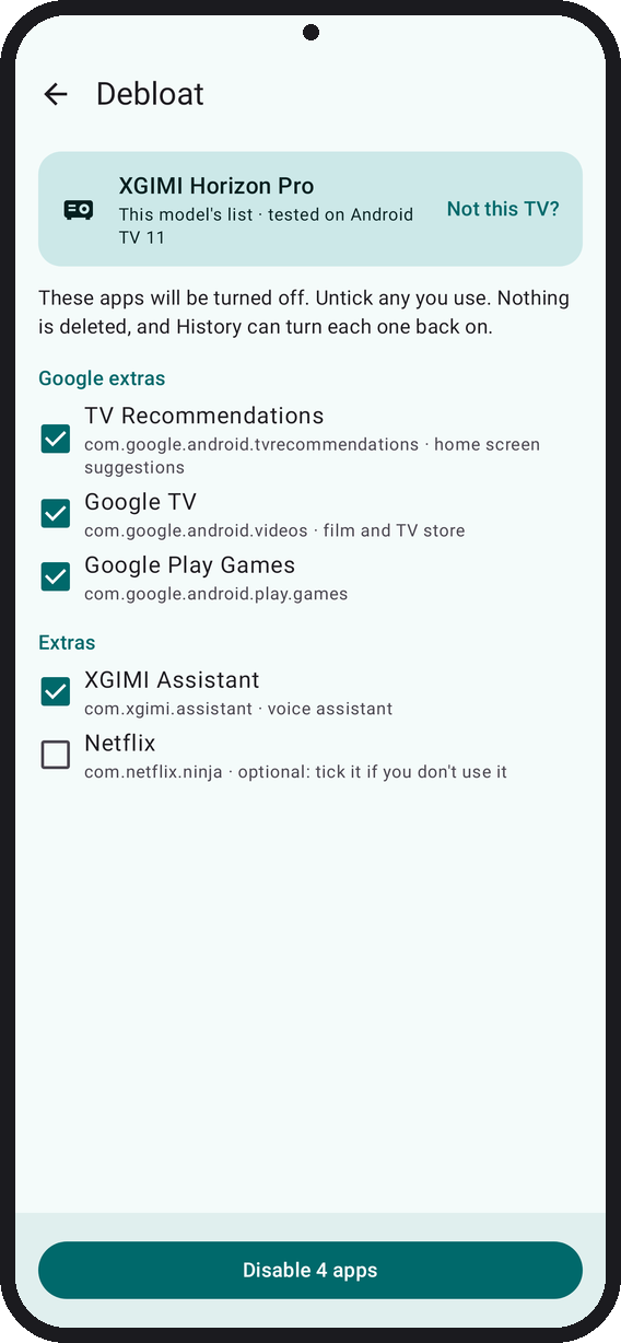 Debloat: the TV's model on top, then the apps it will turn off, each with its package name