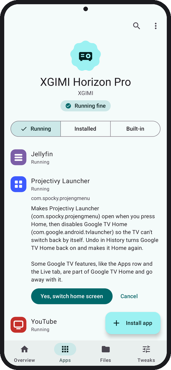 Making Projectivy Launcher the home screen: the confirm names both launchers