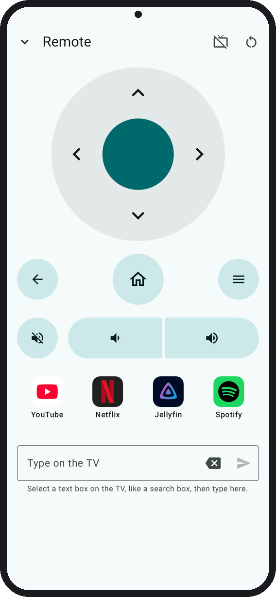 The Remote: Screen off in the top bar, a D-pad, icon keys for Back, Home, Menu, mute and volume, a dock of four TV apps, and typing on the TV with a backspace key