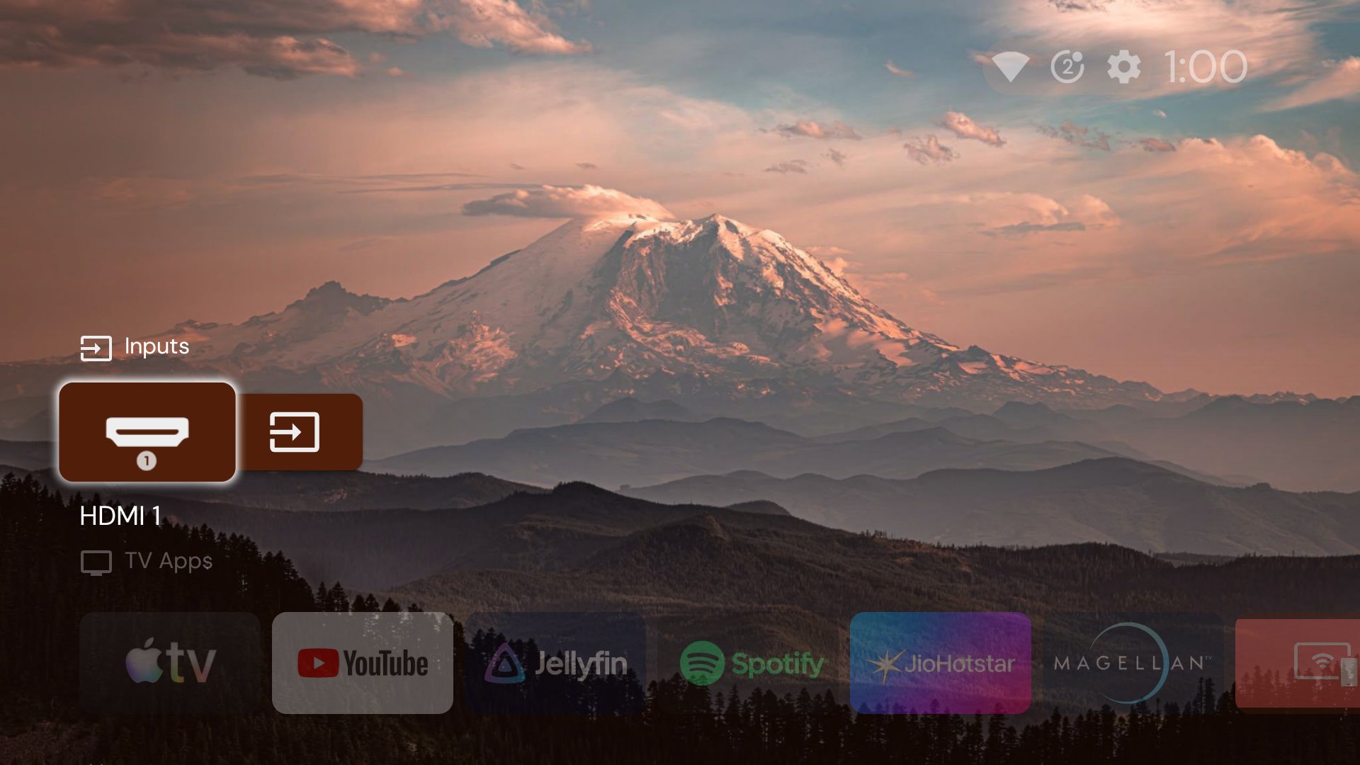 A TV home screen after debloating: the inputs and the user's own apps, with no ads or suggestions