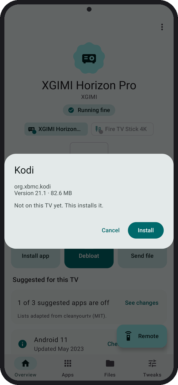 Installing Kodi on the TV from an APK on the phone: the dialog says it is not on this TV yet