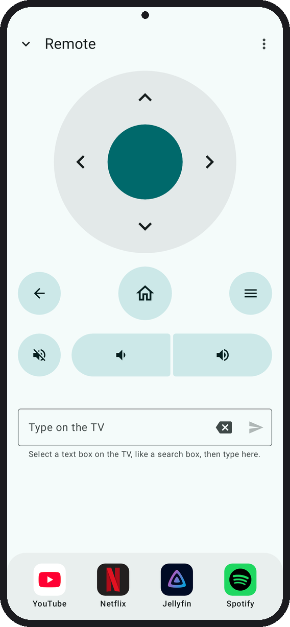 The Remote: Screen off in the top bar, a D-pad, icon keys for Back, Home, Menu, mute and volume, a dock of four TV apps, and typing on the TV with a backspace key