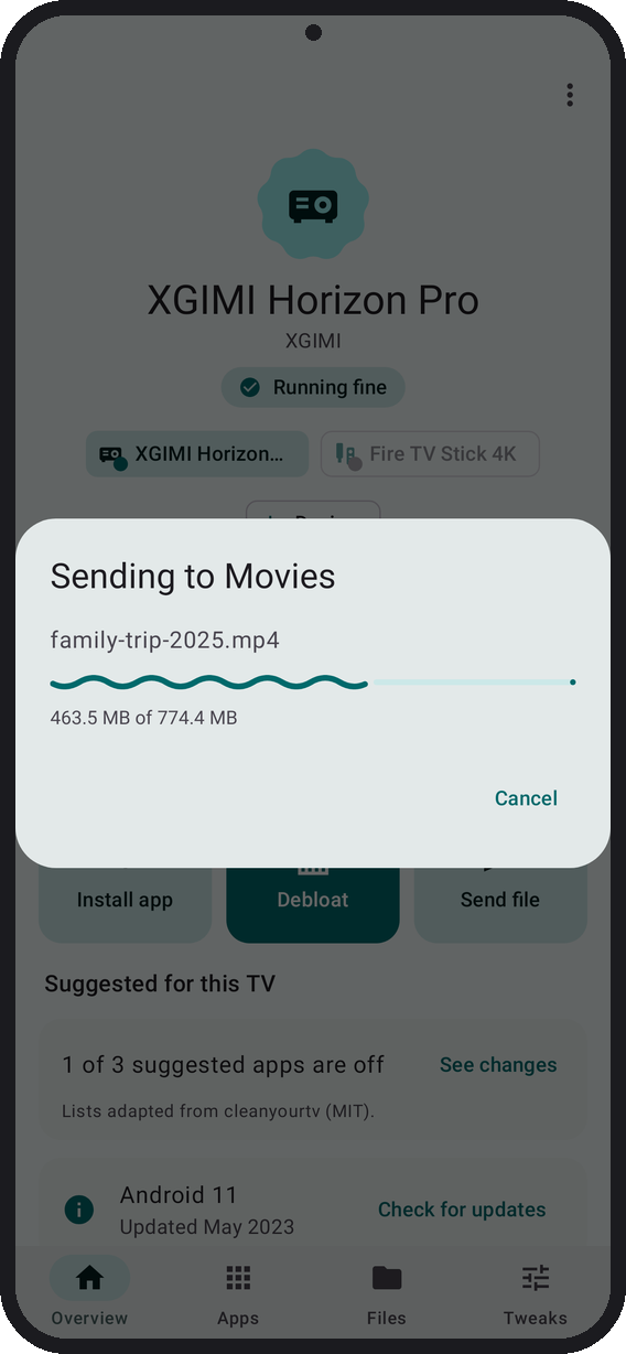 Sending a video from the phone to the TV's Movies folder