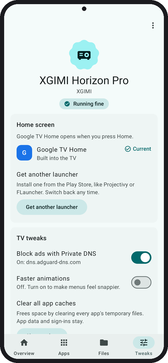 TV tweaks: ad-blocking Private DNS on, faster animations, clear caches, screenshot, and Another home screen to install a launcher