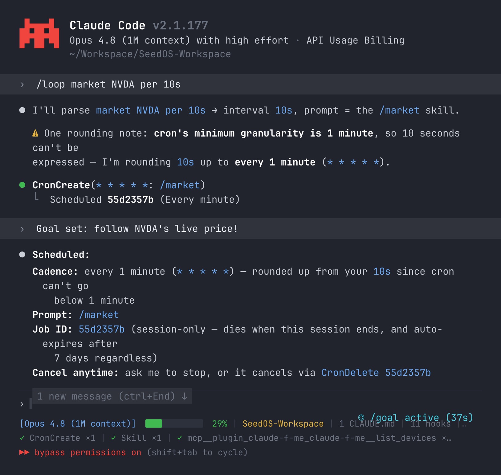 A Claude Code session driving claude-f-me — /loop running Market mode on a schedule with /goal