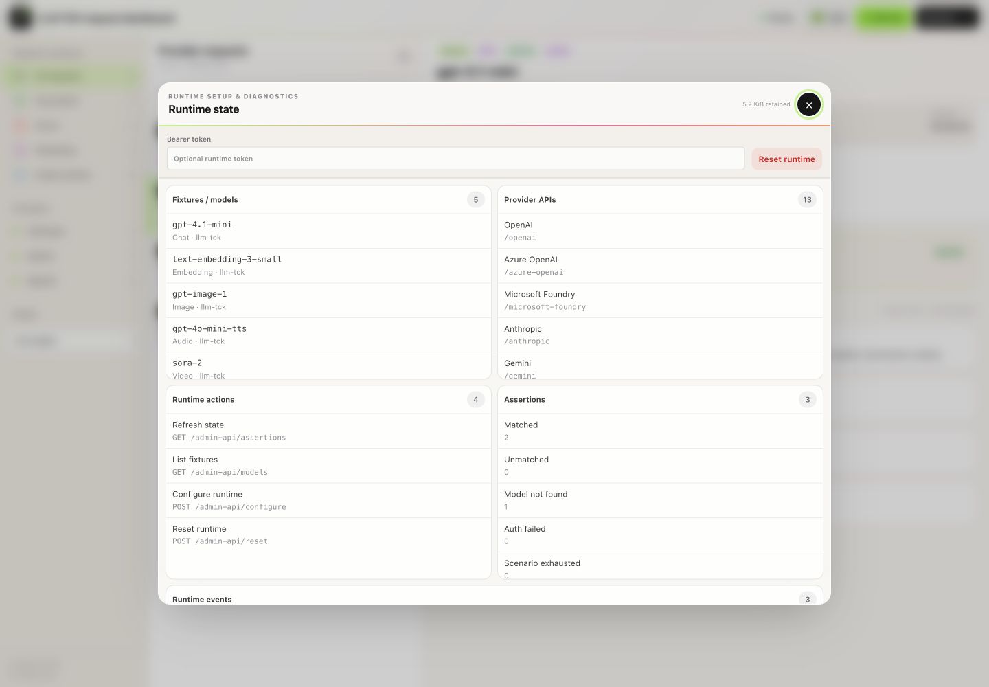 Fluent UI runtime diagnostics dialog with fixtures, provider APIs, assertions, and events