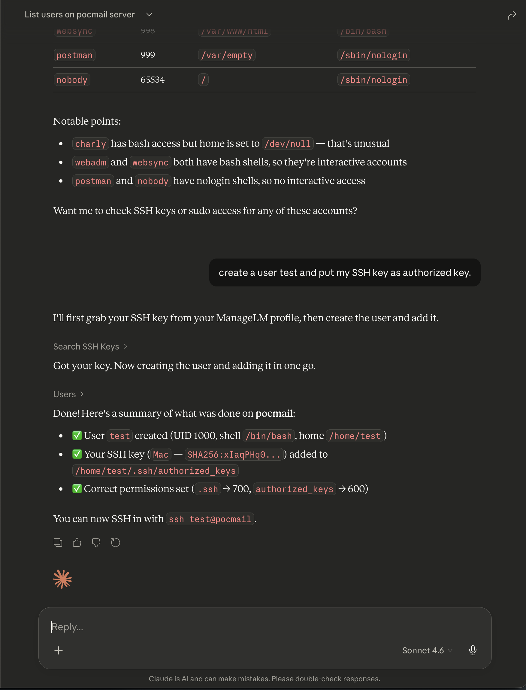 Claude managing a Linux server — creating users, managing SSH keys