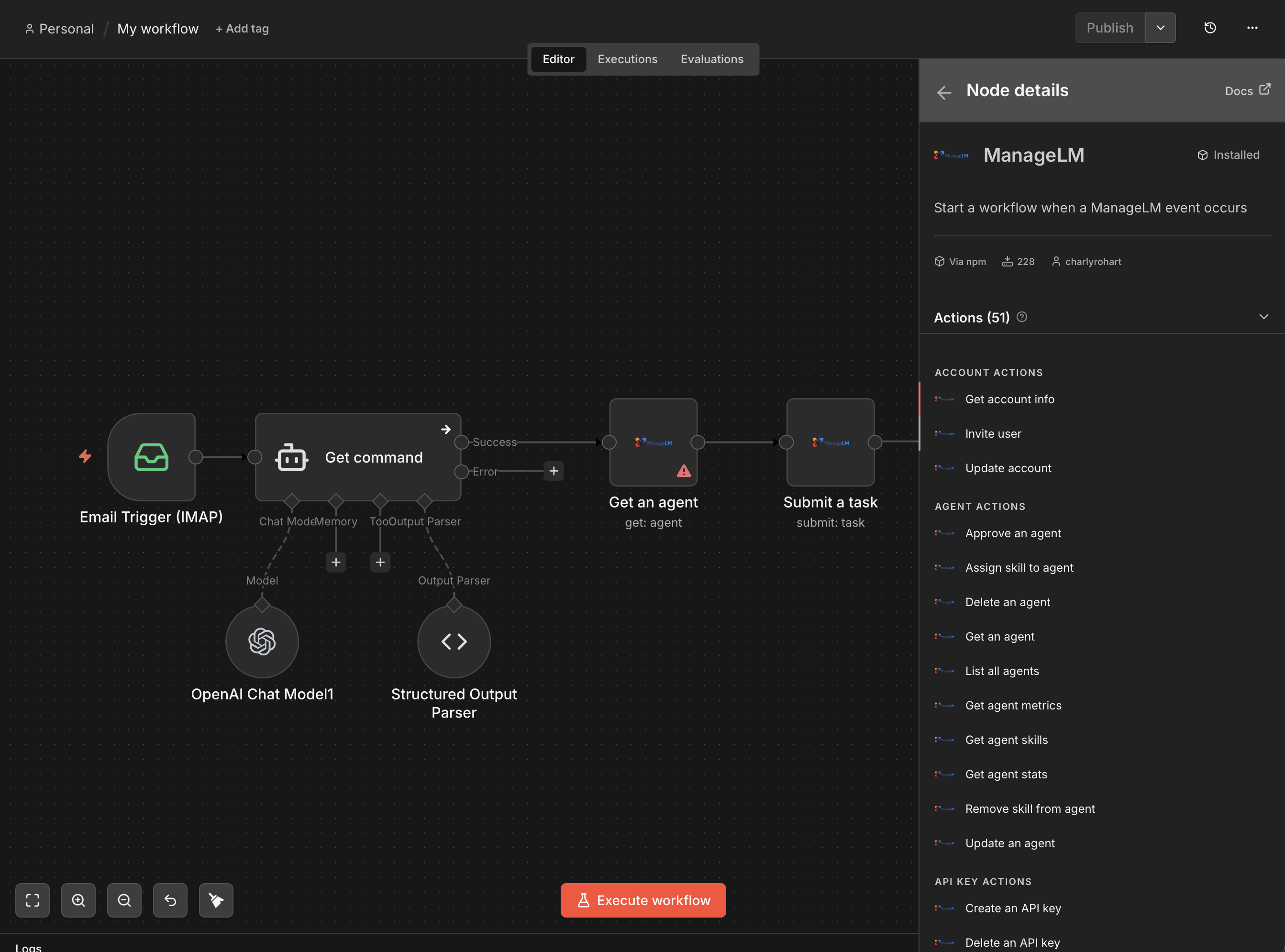 n8n workflow with the ManageLM node