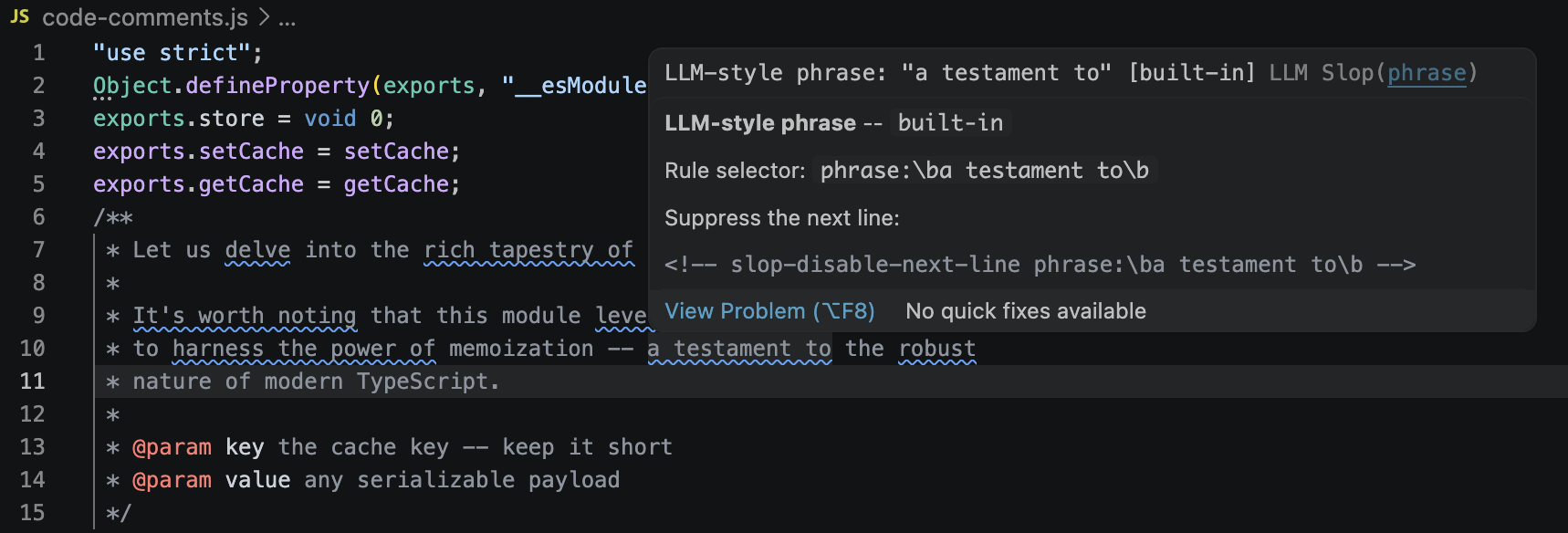 JSDoc and line comments in a TypeScript file flagged for LLM slop while code and strings stay clean