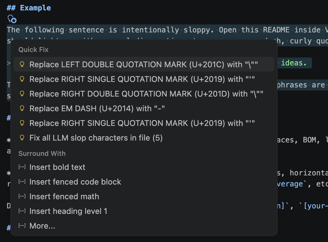 Quick Fix menu with per-character replacements and a "Fix all" action