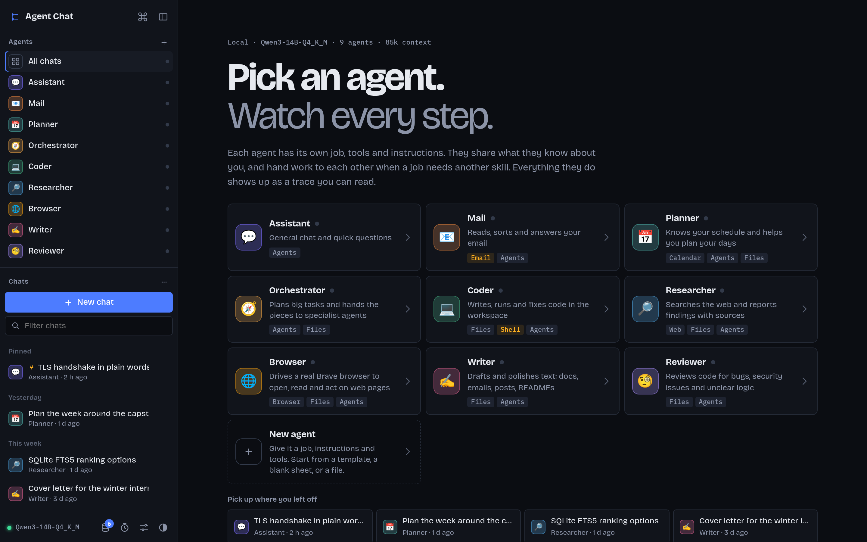 The web UI's start page: nine agent cards with their tools, and recent chats.