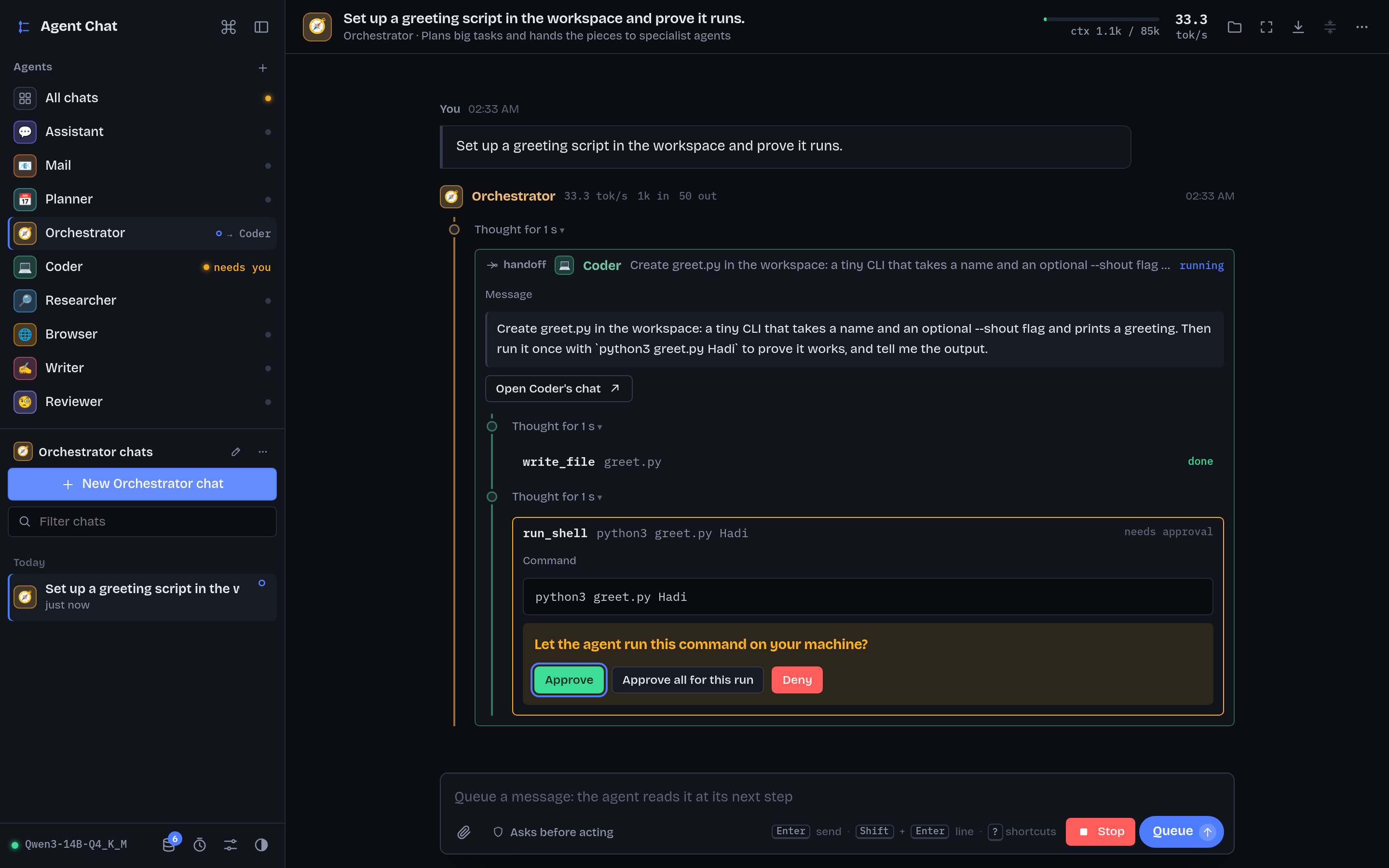 The Agent Chat web UI: the Orchestrator has handed a task to the Coder, which wrote greet.py and is waiting for approval to run a shell command.
