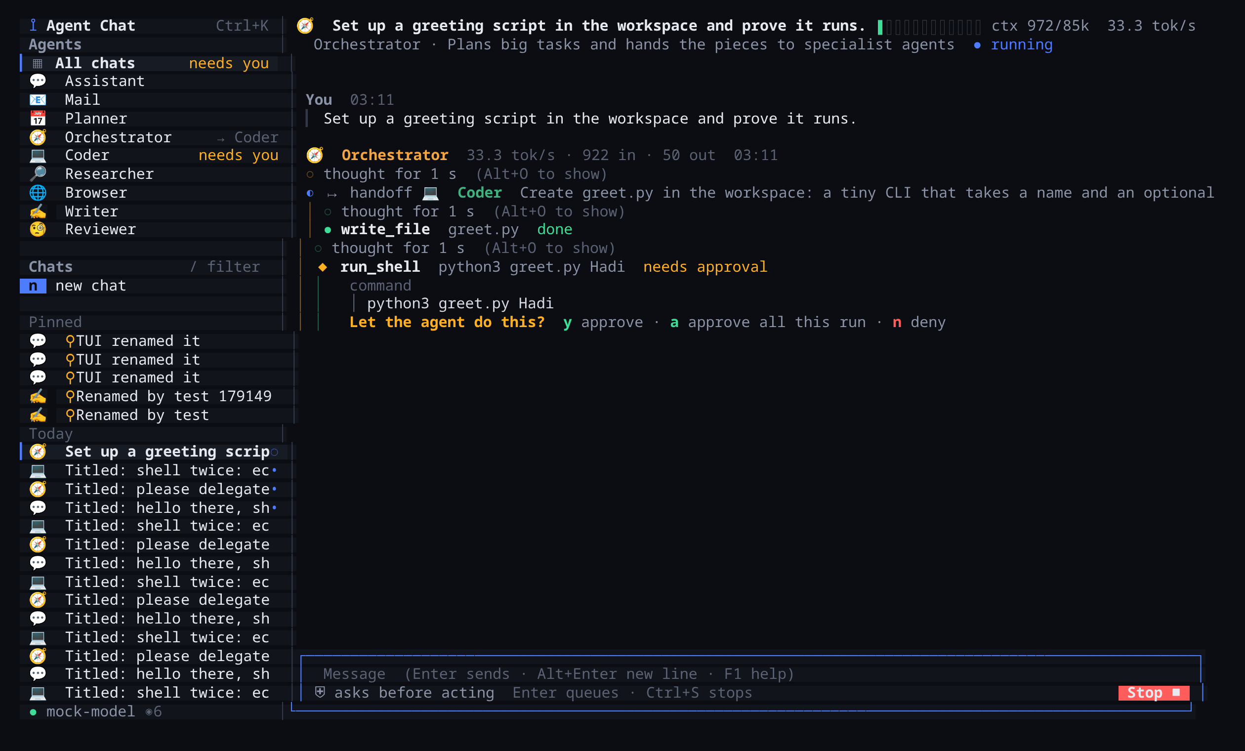 The terminal client showing the same handoff from the Orchestrator to the Coder, with an approval prompt: y approve, a approve all this run, n deny.