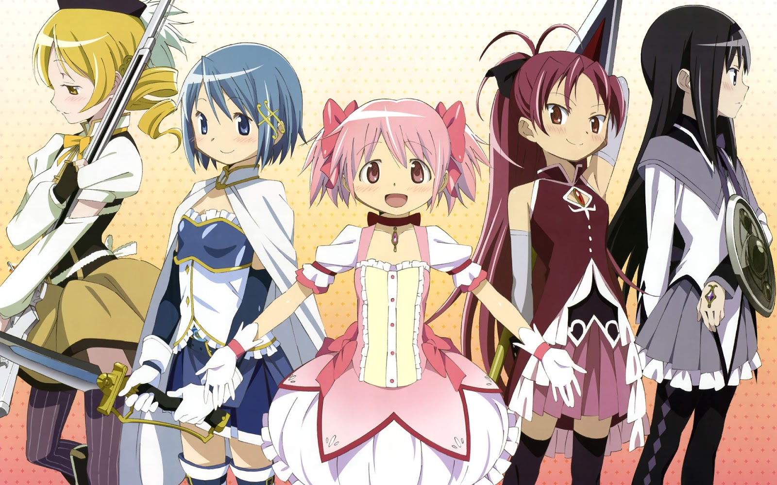 5 personagens do anime madoka mágica, todas vestem vestidos colegiais, cada uma com uma cor, esquerda para direita temos a primeira com cabelos loiros amarrados com vestido amarelo, segunda tem cabelos curtos azuis, vestido azul e segura uma espada, no meio uma de cabelos rosa amarrados em dois coques laterais com laços, seu vestido também é rosa, a quarta tem cabelos longos vinho e vestido da mesma cor, a quinta tem cabelos pretos longos e soltos e usa vestido cinza, ao fundo um gradiente de cor que varia entre branco, amarelo e rosa, de cima para baixo