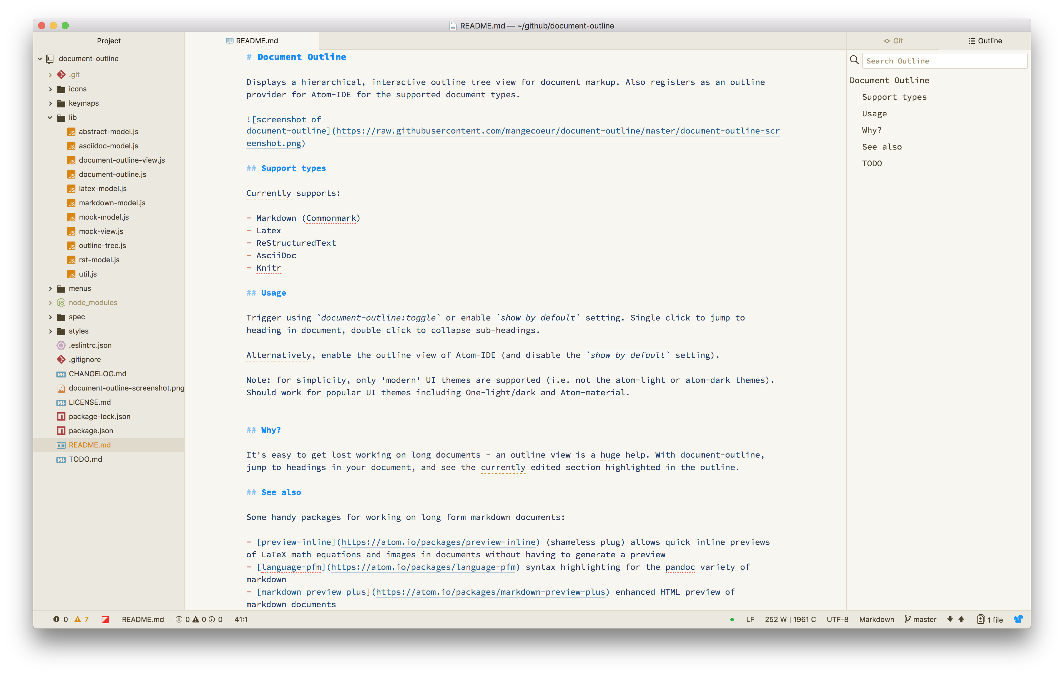 screenshot of document-outline using atom-ide UI