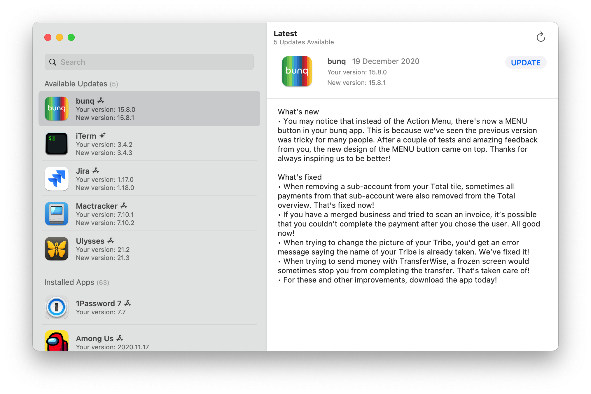 Latest — a single window listing available updates for all installed apps