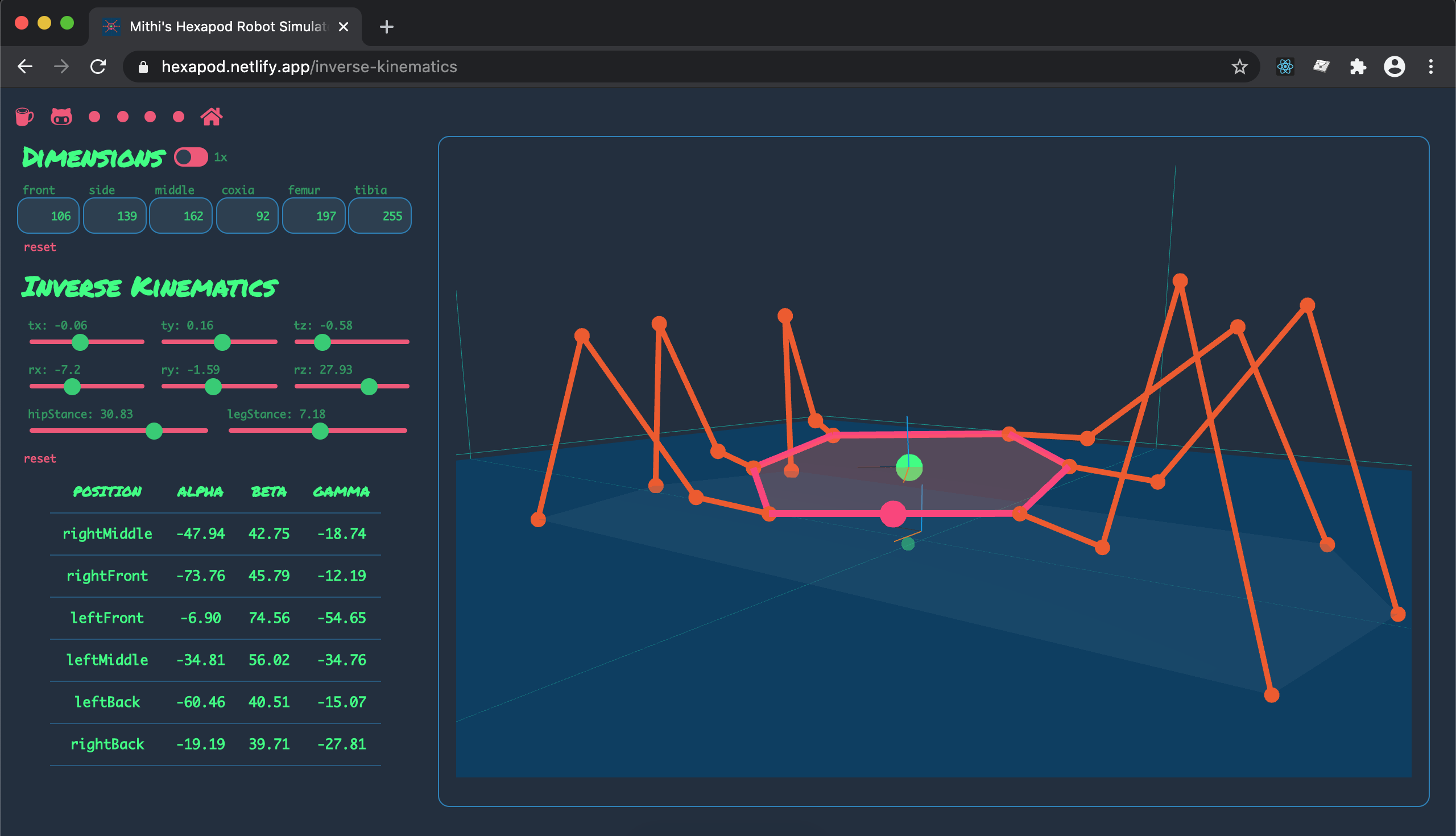 inverse kinematics page with pose table