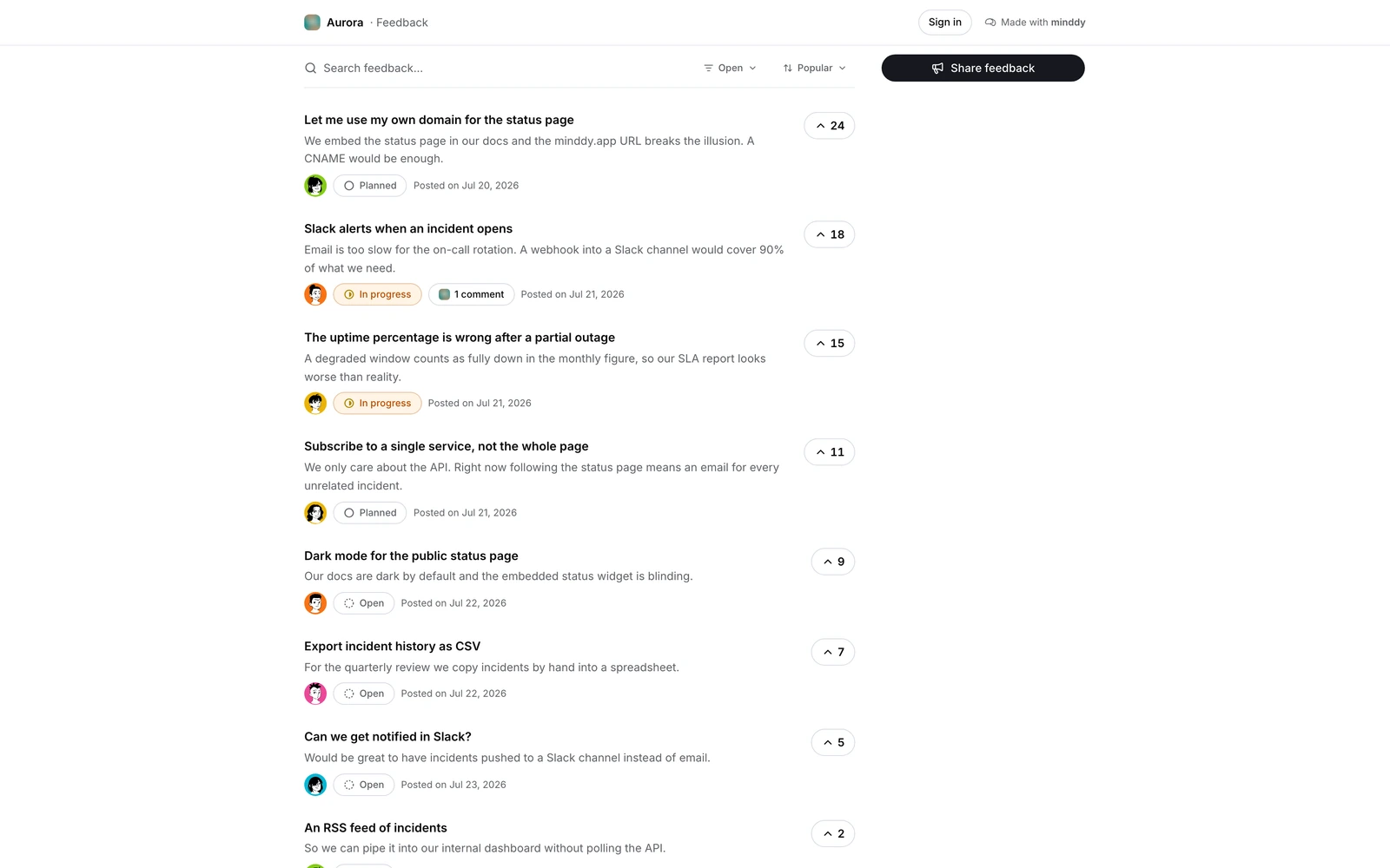 A public minddy feedback board with requests, statuses, and vote counts