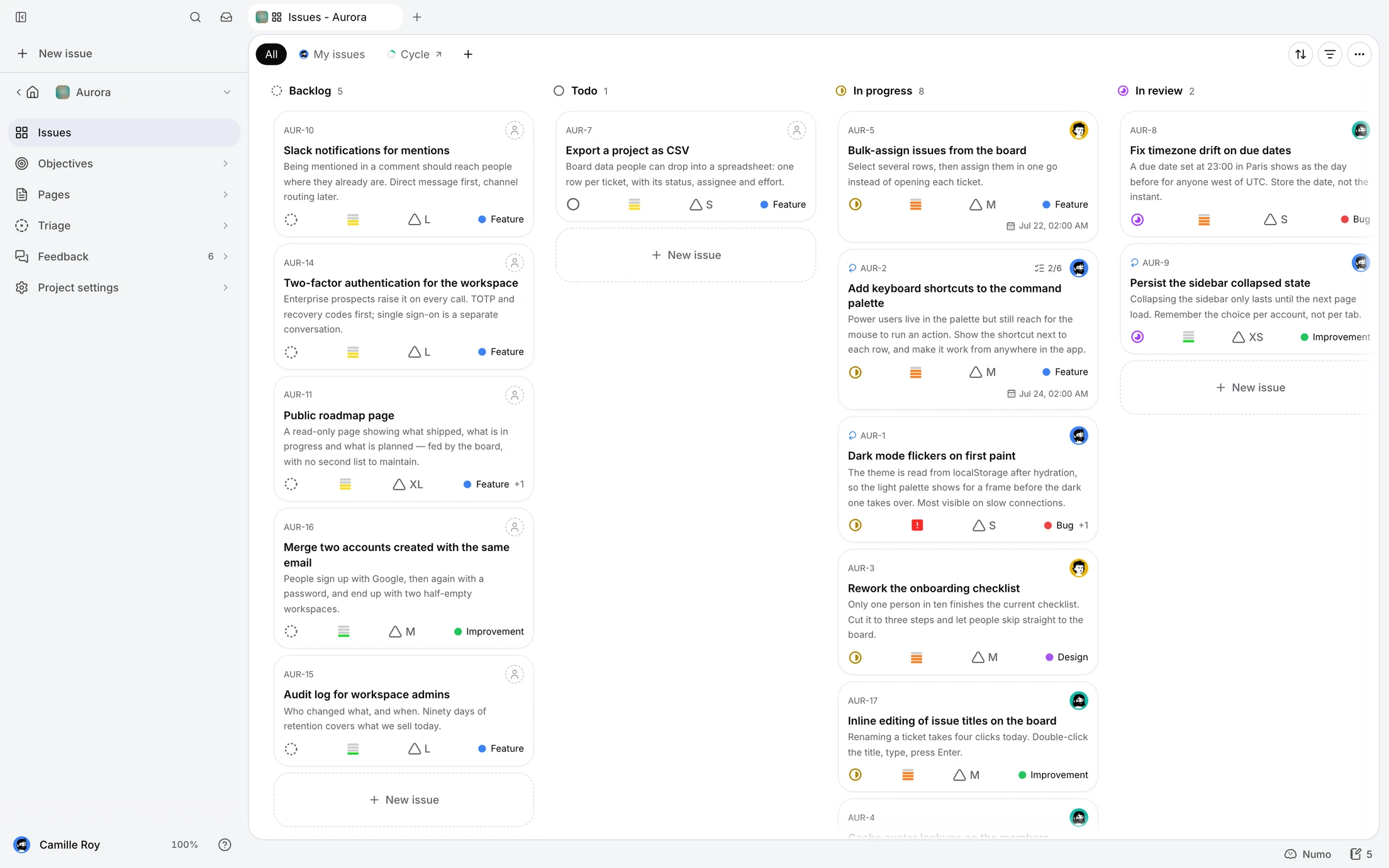 A minddy project board with issues grouped by status