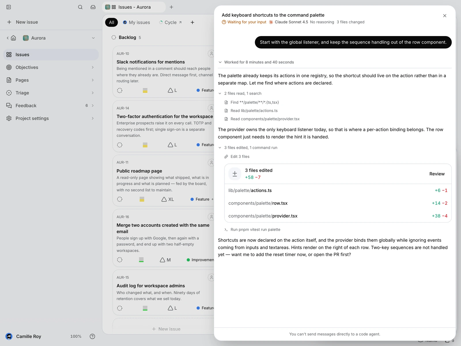 A Numo conversation showing delegated code work on a minddy issue