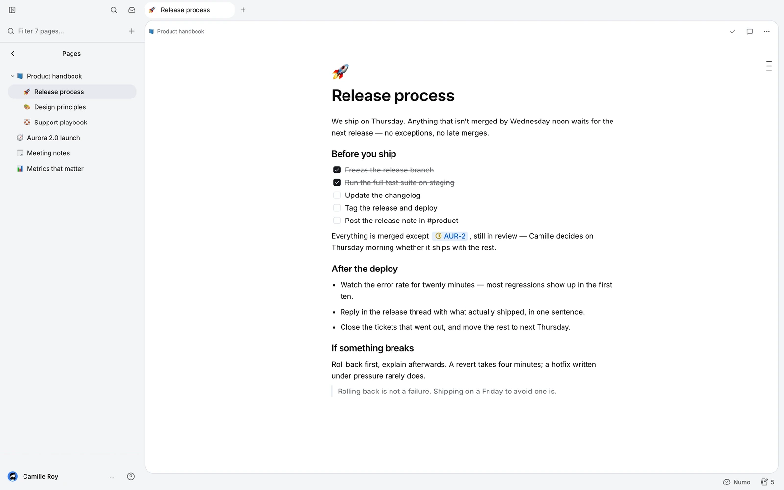The minddy page editor showing a release process document