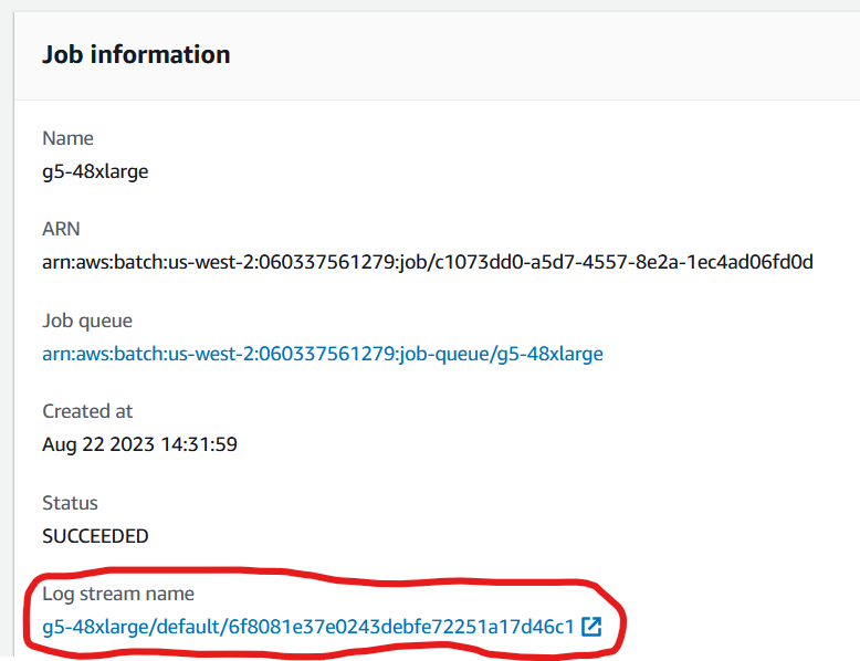 AWS Batch job details log stream URL