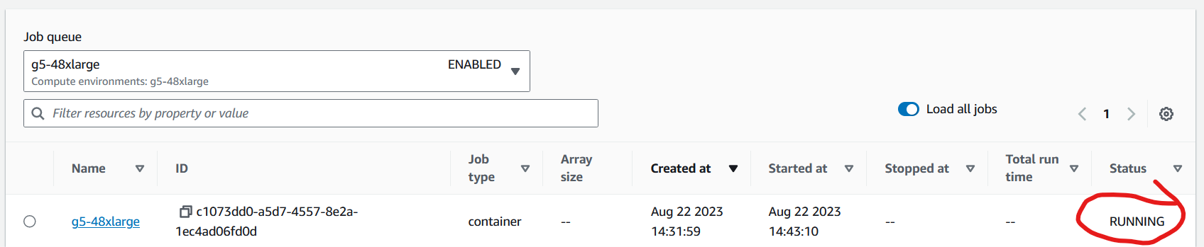 AWS Batch job in RUNNING state